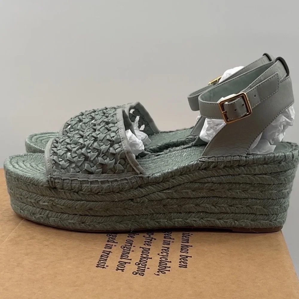 Tory Burch Selby Sage Green Woven Leather Espadrille Wedge Sandals Size 12